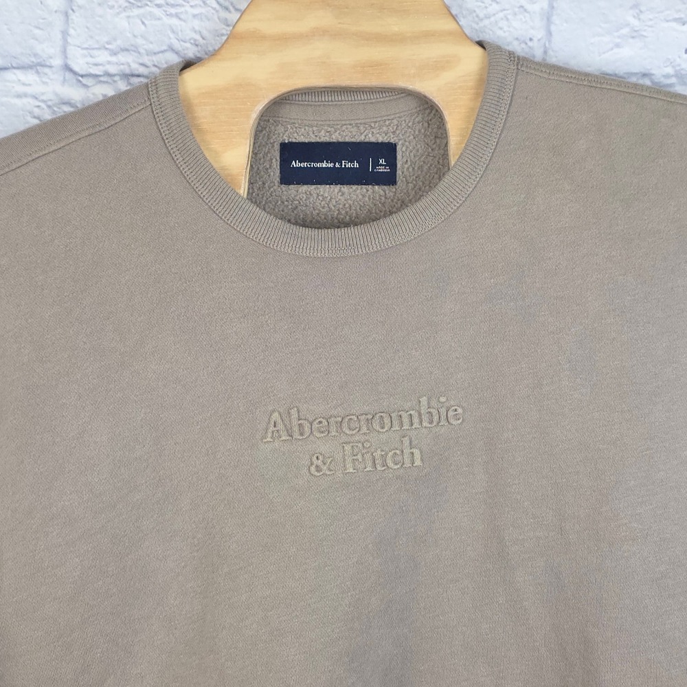 Abercrombie‎ & Fitch Men Embroidered Logo Crewneck Sweatshirt Taupe Brown Sz XL